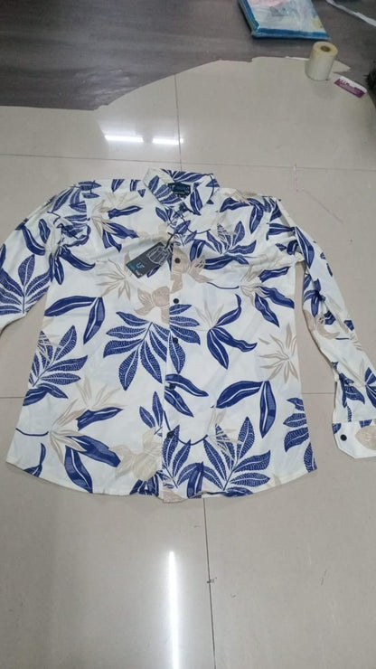 Men's Printed Regular Collar Casual Shirt Cream & Navy Blue
